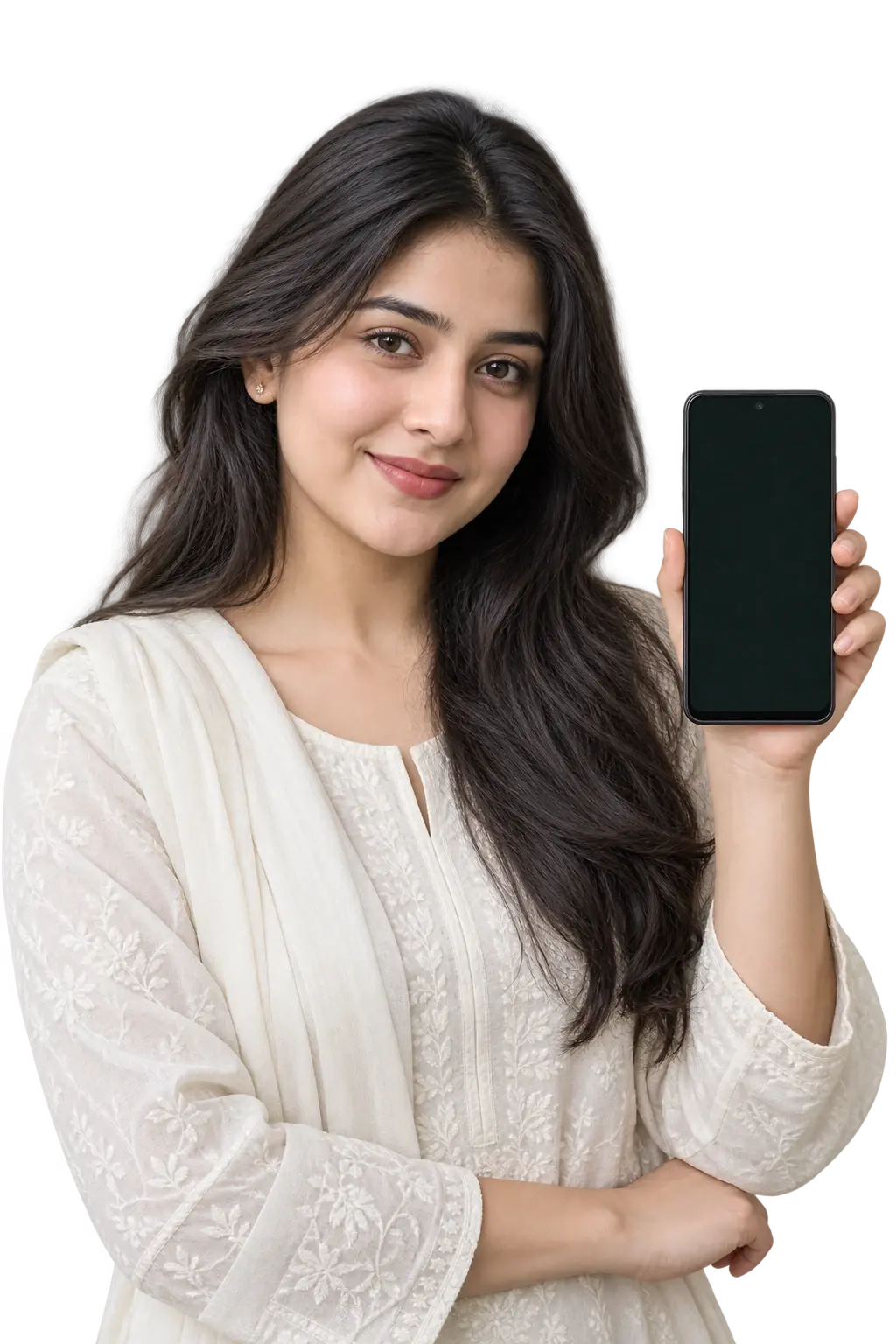 A woman holding a phone toward the viewer